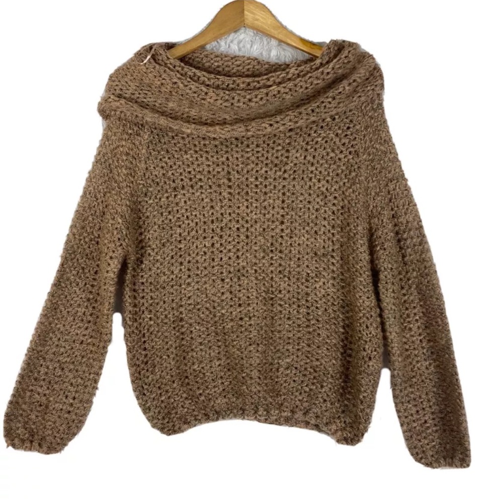 Brown Off-the-Shoulder Sweater with Chunky Knit and Oversized Cowl Neck